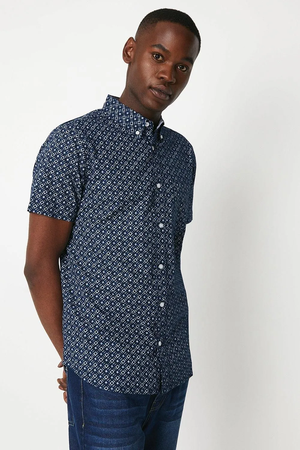 Navy Diamond Print Short Sleeve Shirt