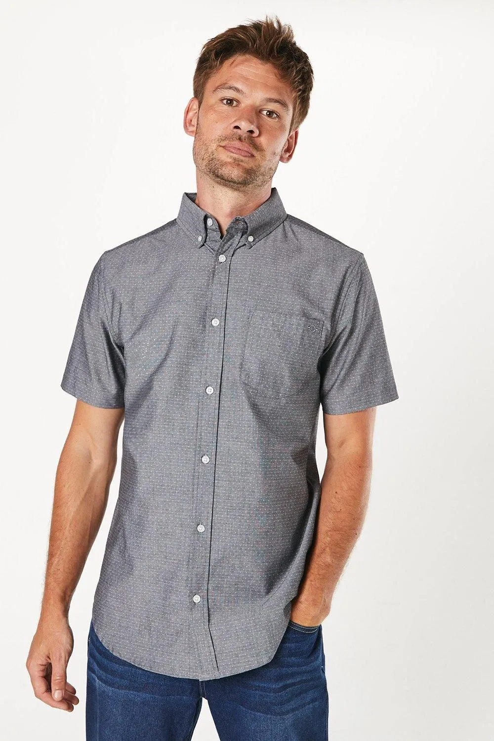 Grey Chambray Pindot Short Sleeve Shirt