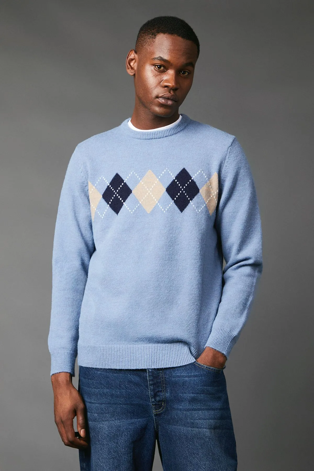 Light Blue Argyle Pattern Crew Neck Jumper