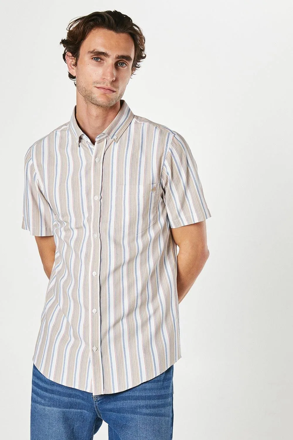 Tan Oxford Stripe Short Sleeve Shirt