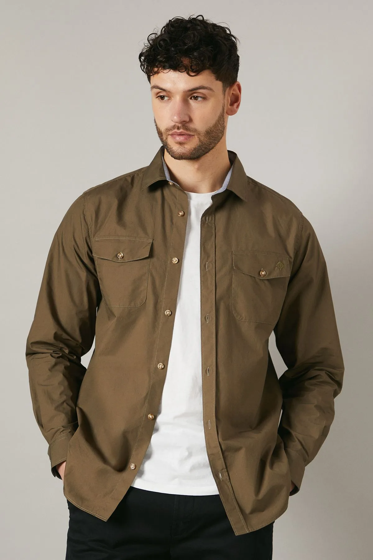 Khaki Poplin Double Pocket Long Sleeve Shirt
