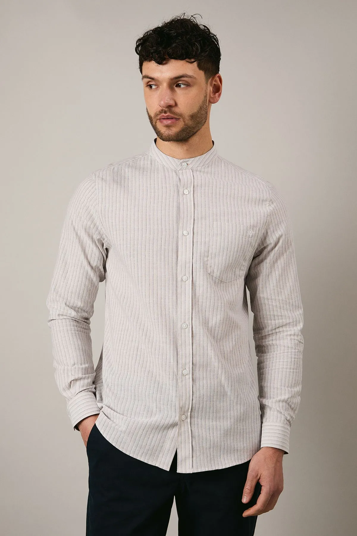 Off White Stripe Grandad Collar Long Sleeve Shirt