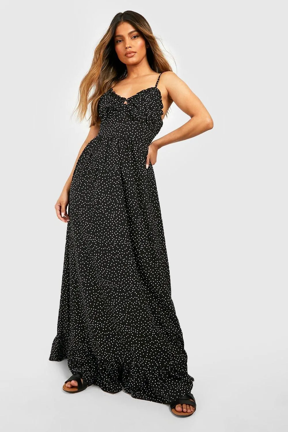 Polka Dot Ruched Bust Frill Hem Maxi Dress