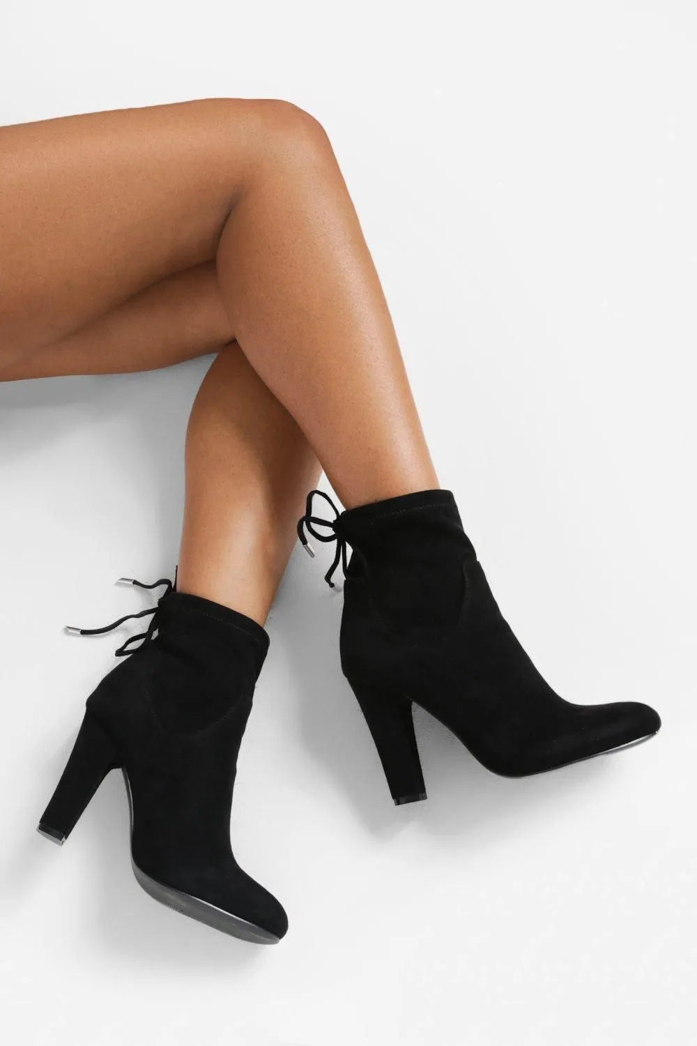 Faux Suede Tie Back Block Heel Sock Boots