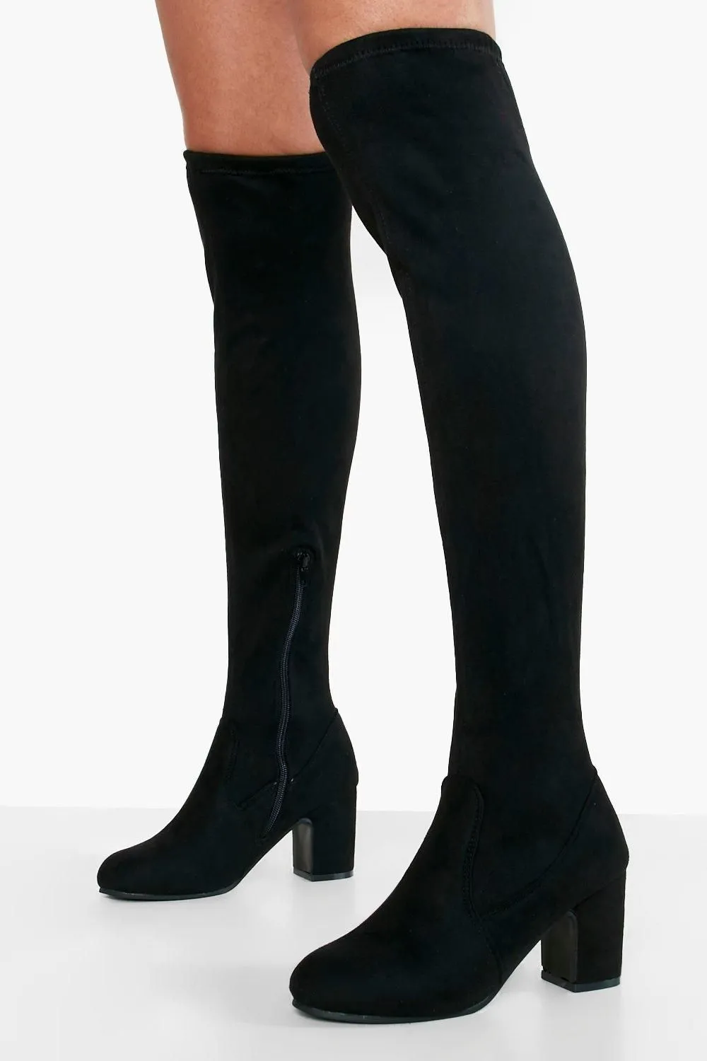 Wide Fit Faux Suede Block Heel Stretch Over The Knee Boots