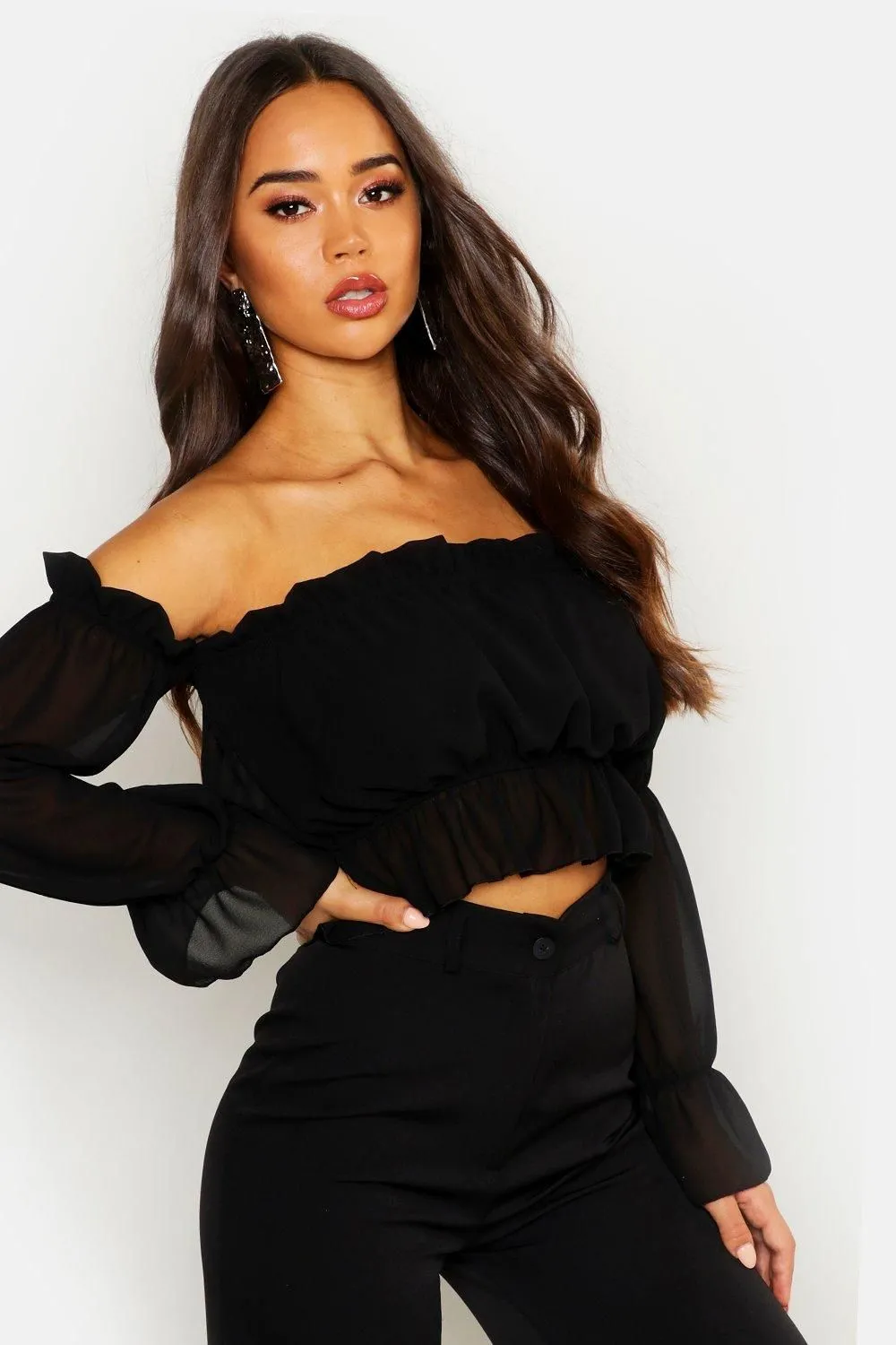 Woven Volume Sleeve Ruched Bardot Top