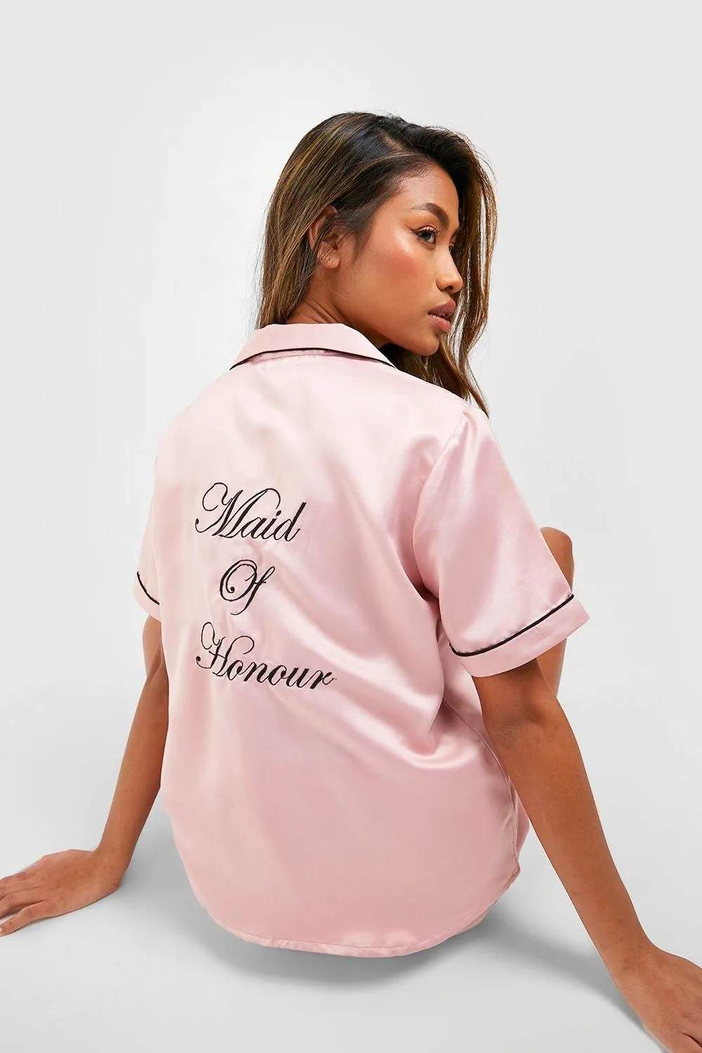 Maid Of Honour Satin Embroidered Short Sleeve Shirt & Shorts Pyjama Set