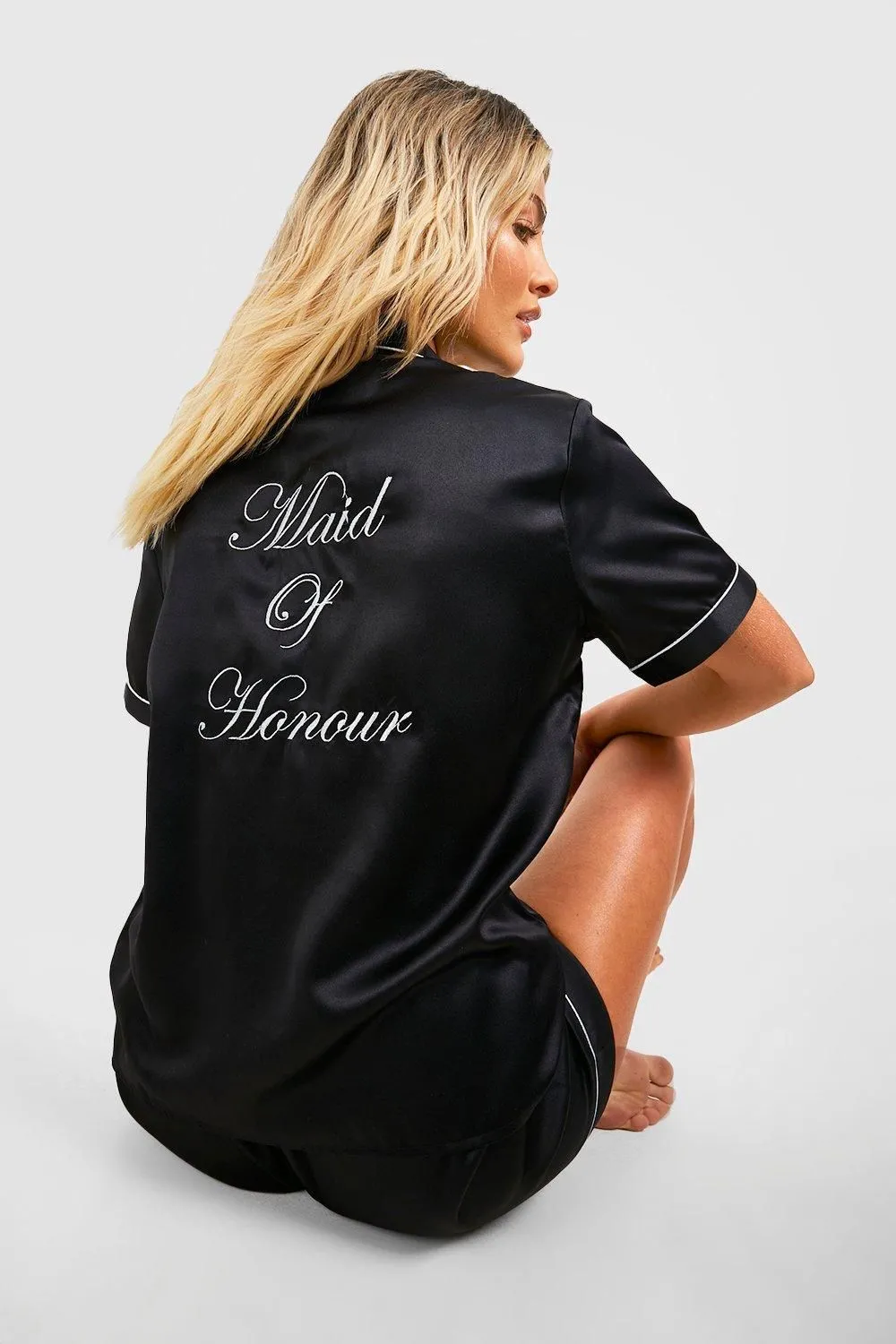 Bridal 'Maid Of Honour' Satin Embroidered Short Sleeve Shirt & Shorts Pyjama Set