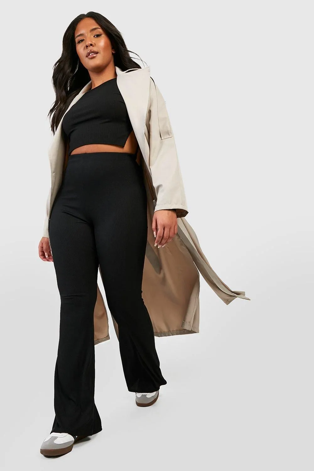 Boohoo Basics Plus Ribbed High Waisted Flare Trousers