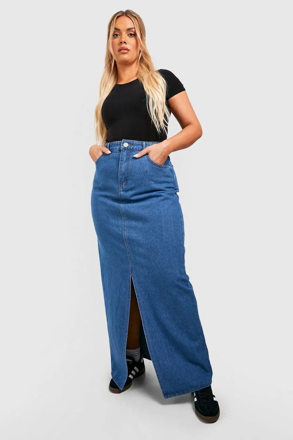 Plus Denim Split Front Maxi Skirt