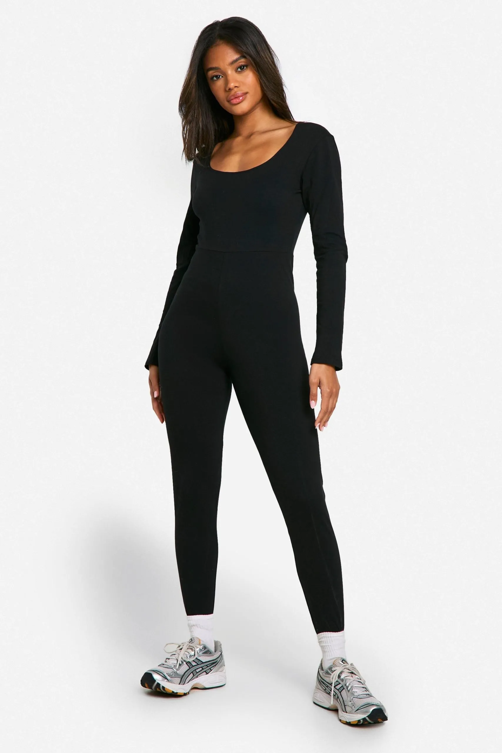 Basic Scoop Neck Cotton Long Sleeve Unitard Jumpsuit