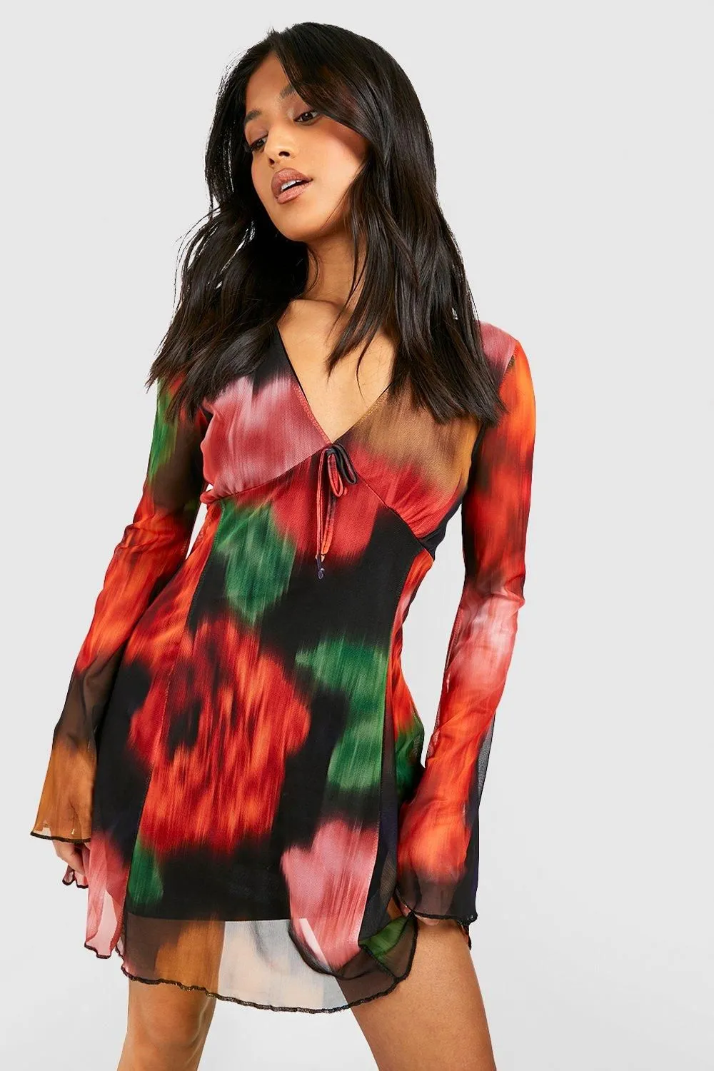 Petite Blurred Floral Mesh Flare Sleeve Dress