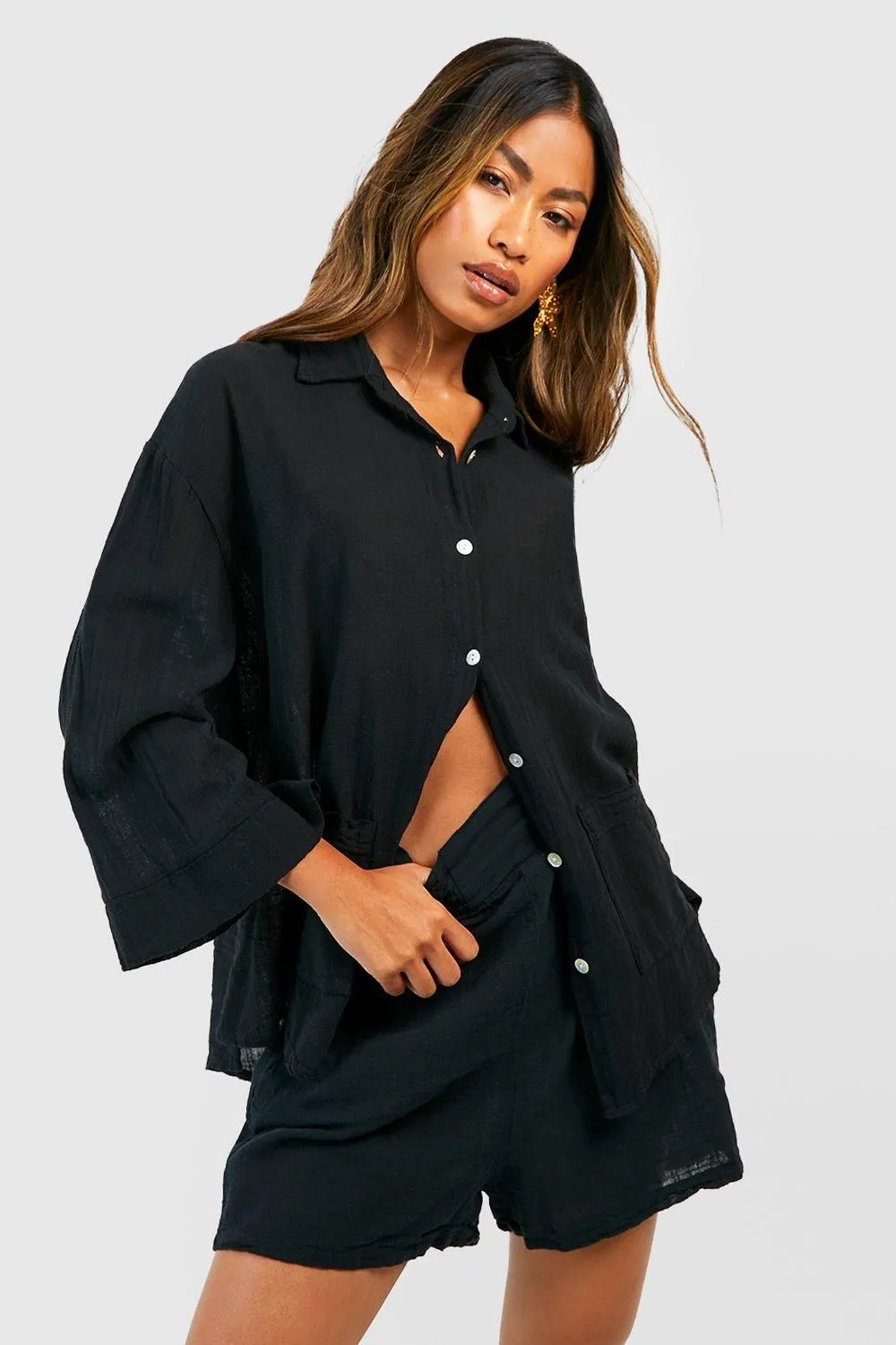 Textured Lightweight Cotton Oversized Shirt