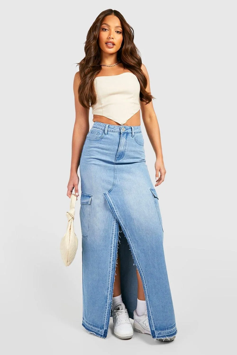Tall Cargo Split Front Frayed Denim Maxi Skirt