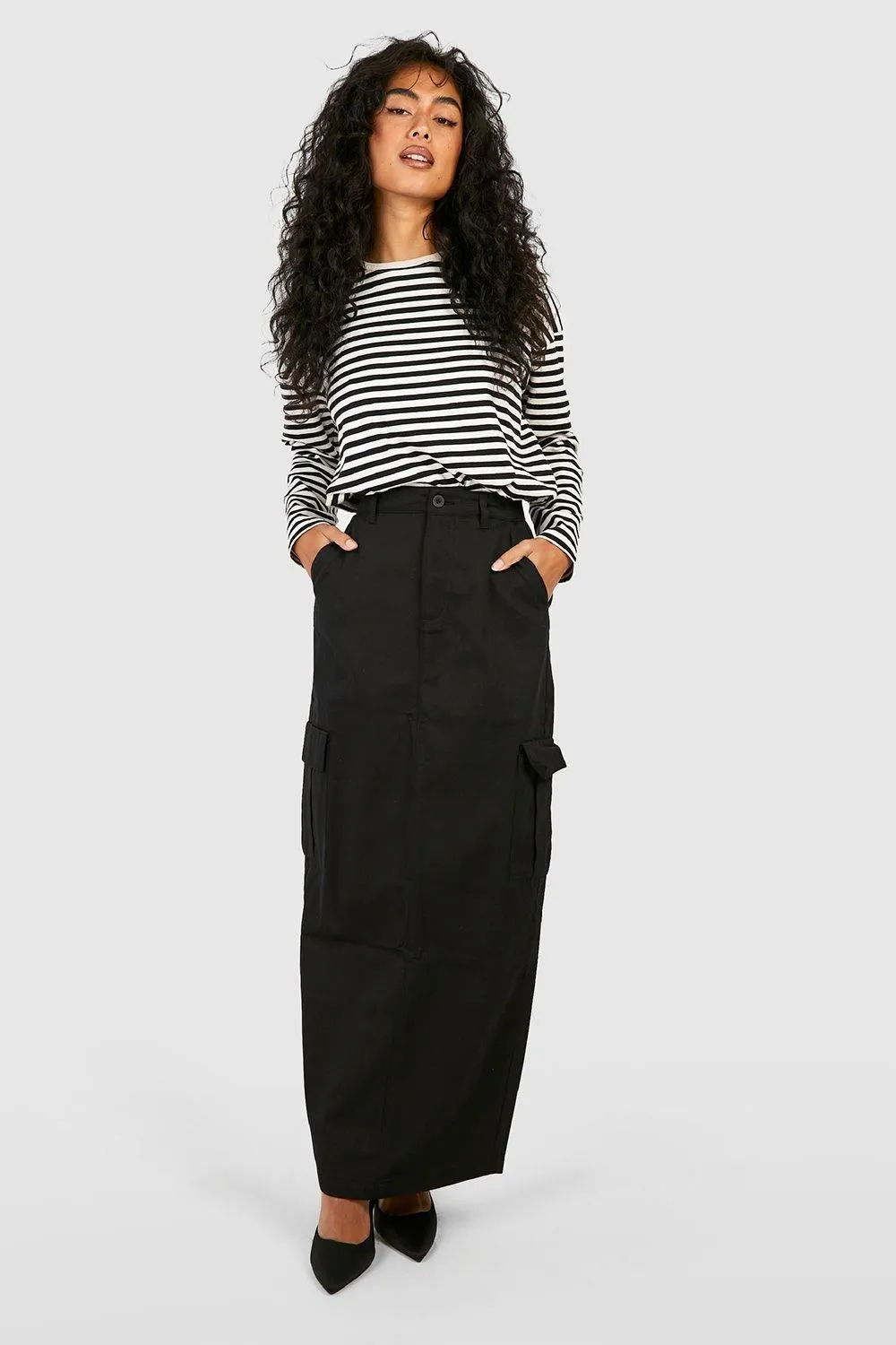 High Waisted Twill Cargo Midaxi Skirt