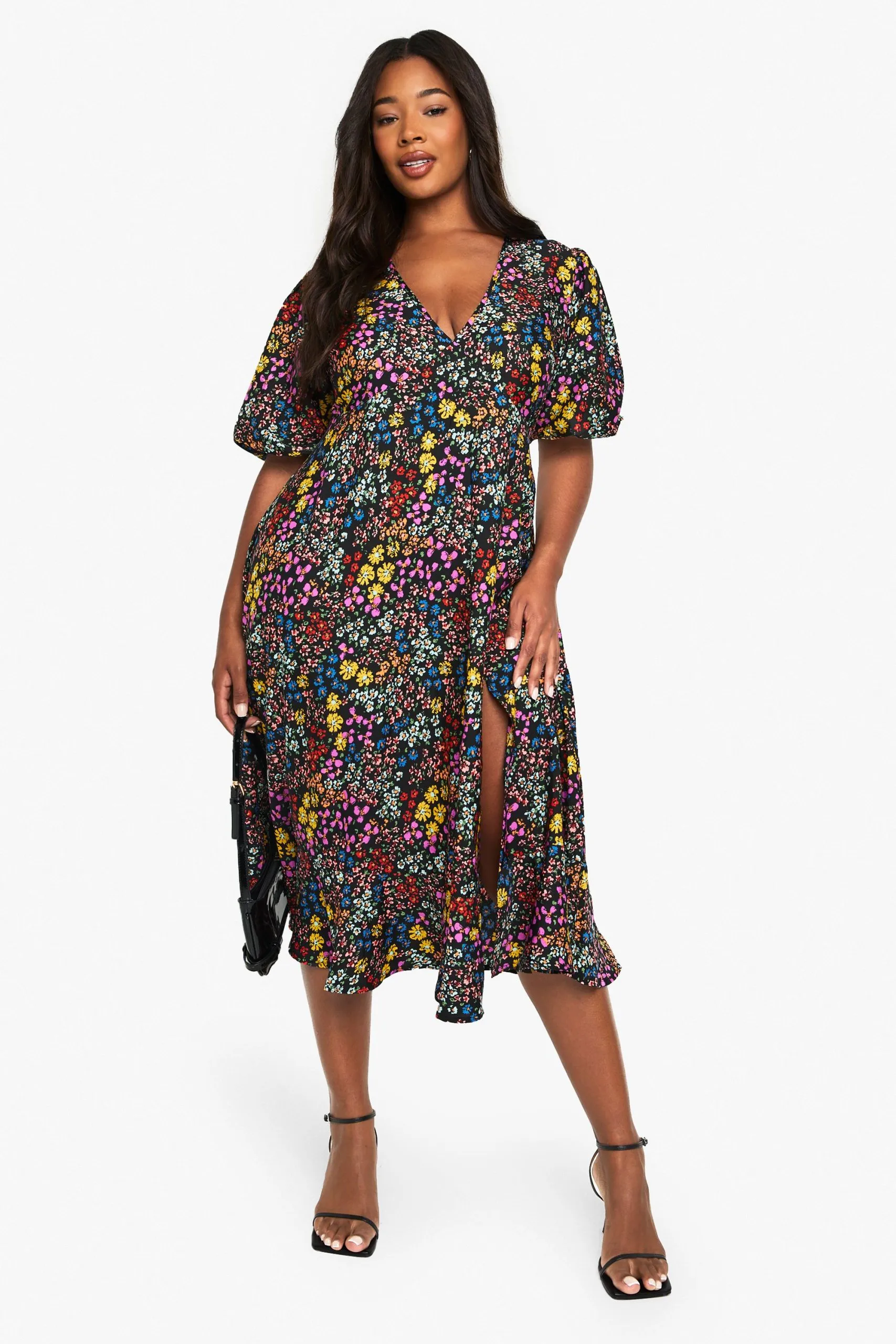 Plus Floral Print Midi Smock Dress