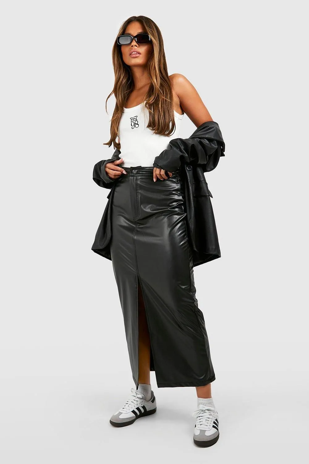 Leather Look Super Stretch Split Midaxi Skirt