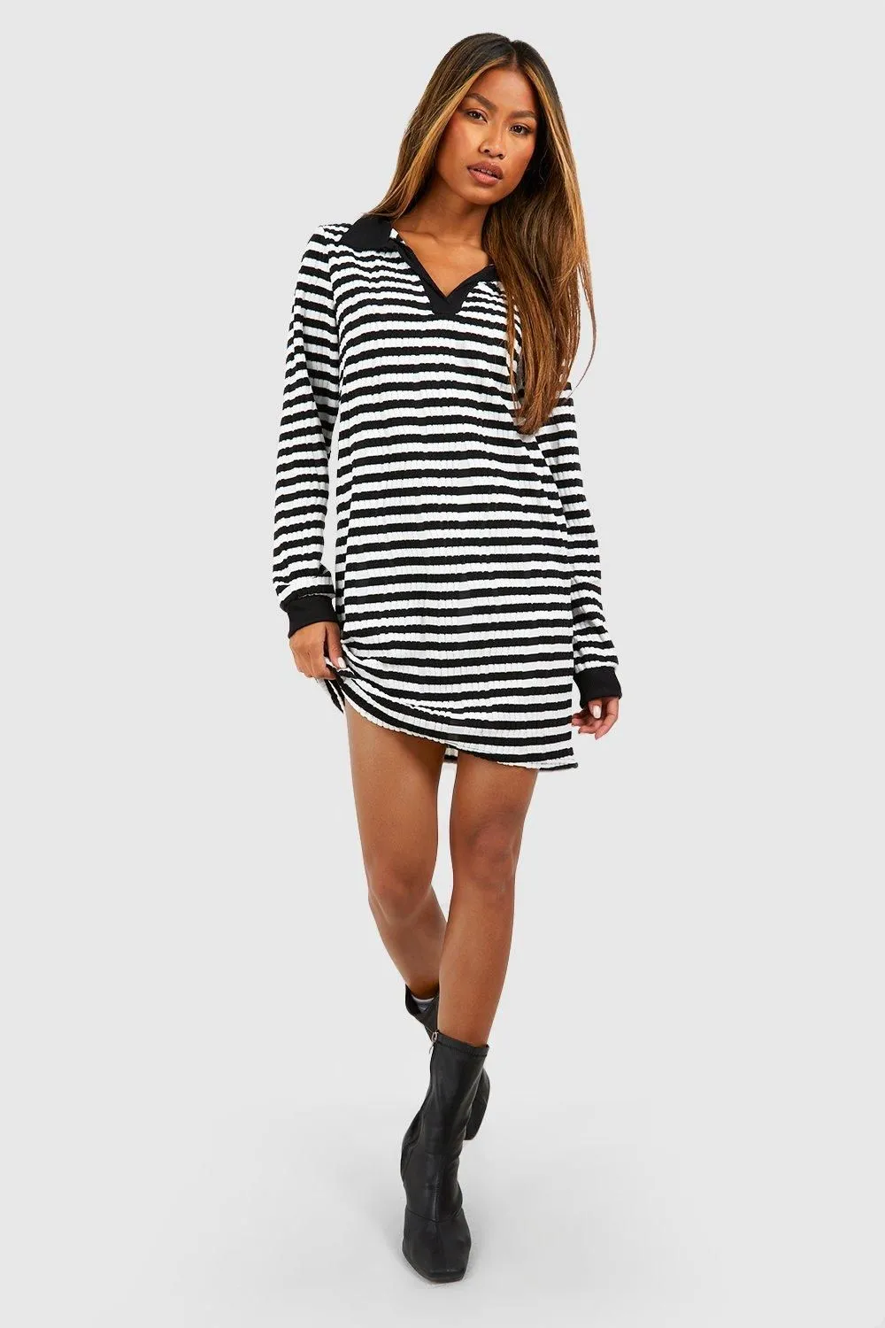 Textured Stripe Collared Mini Dress