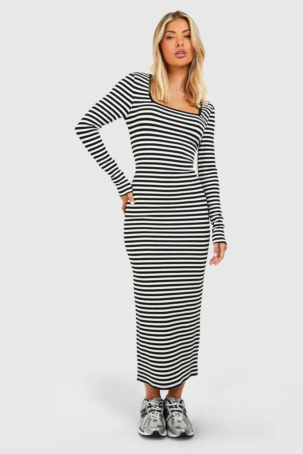 Stripe Rib Long Sleeve Midaxi Dress