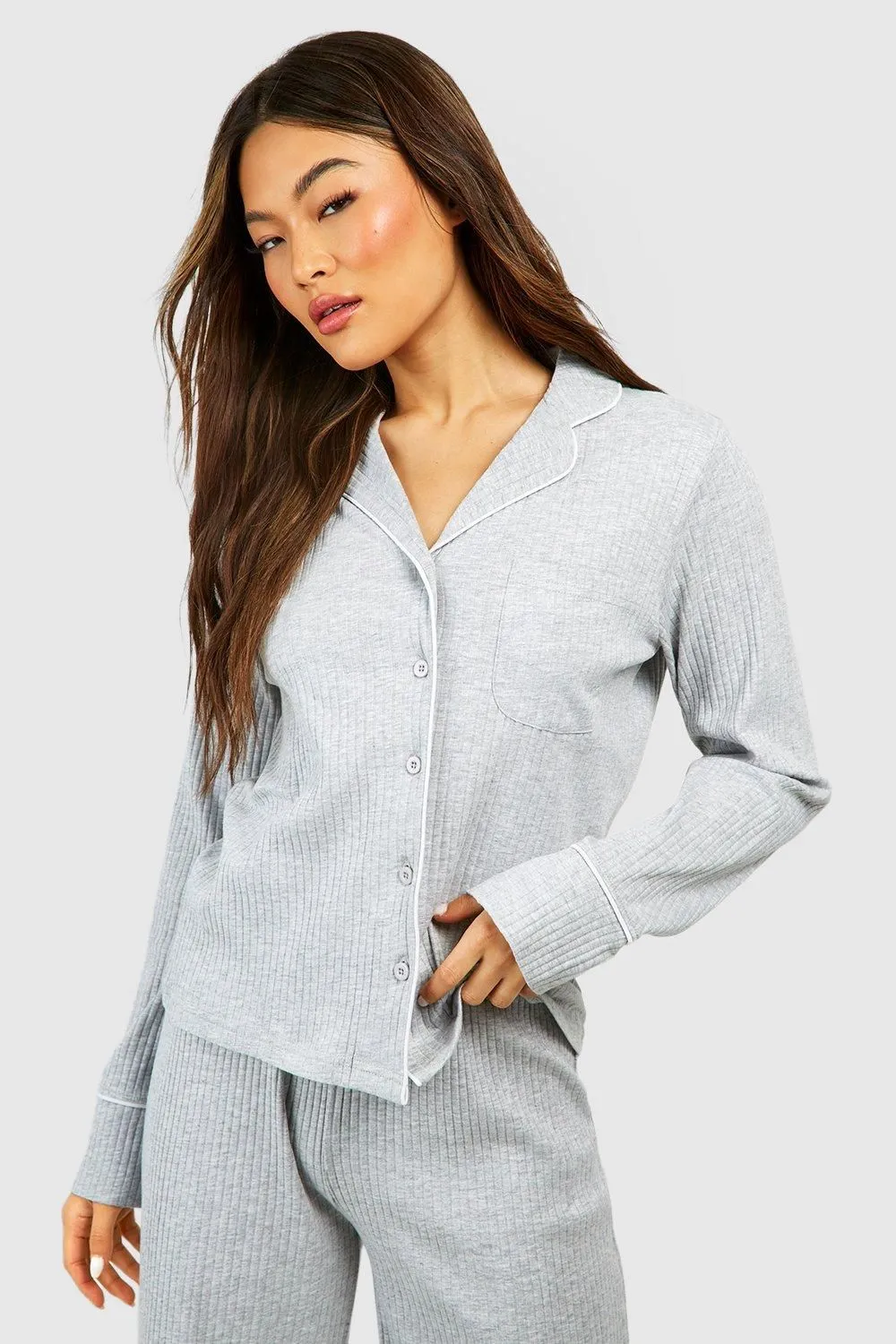 Loungewear Rib Piping Detail Long Sleeve Shirt