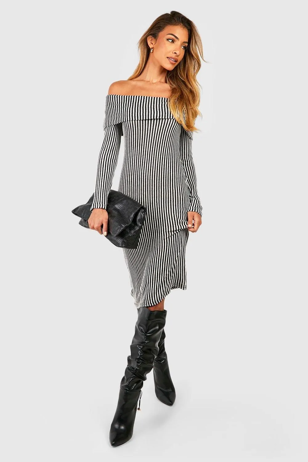 Stripe Rib Bardot Midi Dress