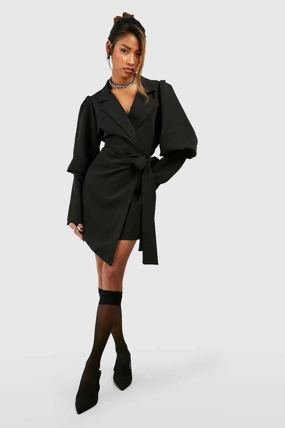 Volume Sleeve Tie Waist Blazer Dress