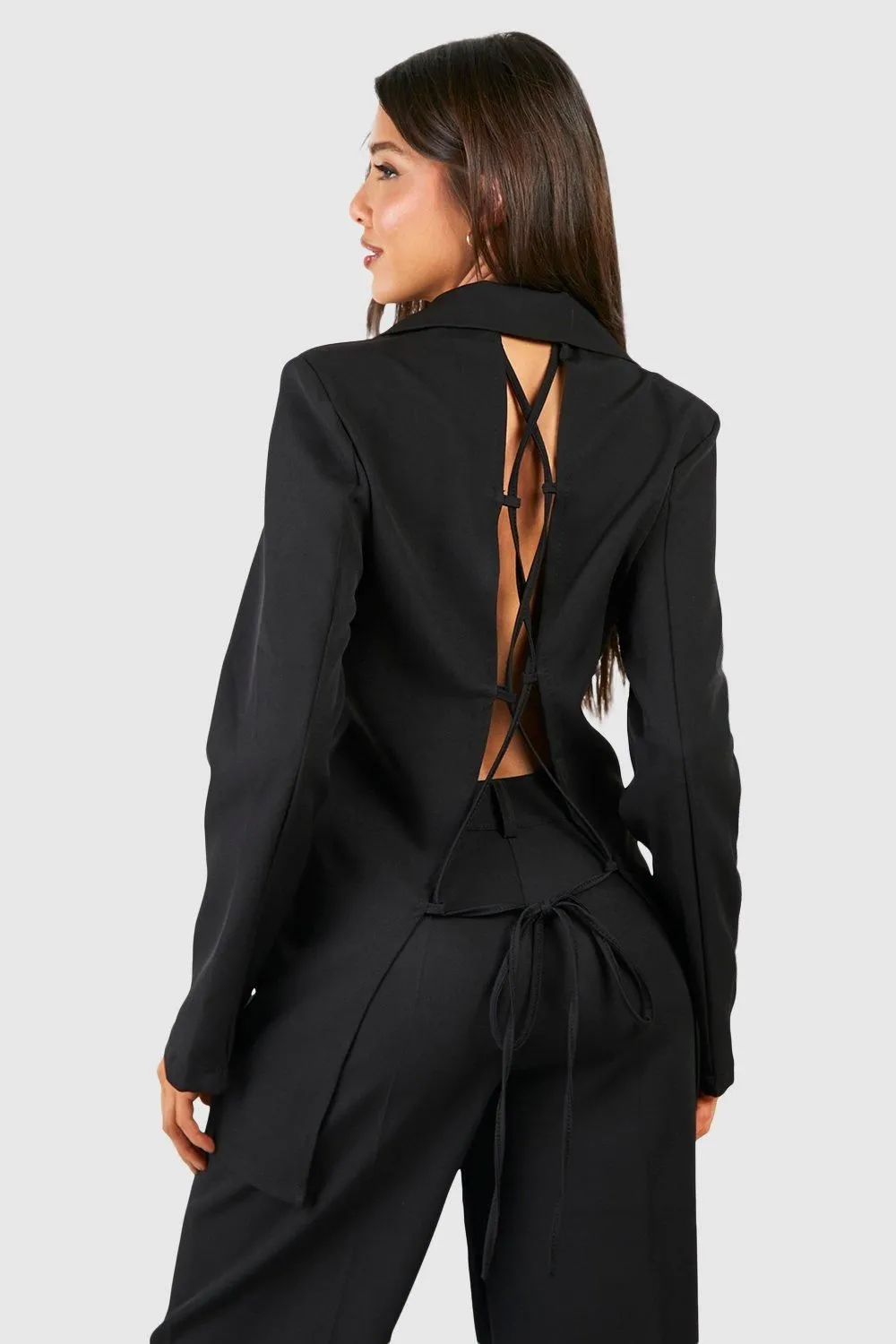 Lace Up Open Back Double Breasted Blazer