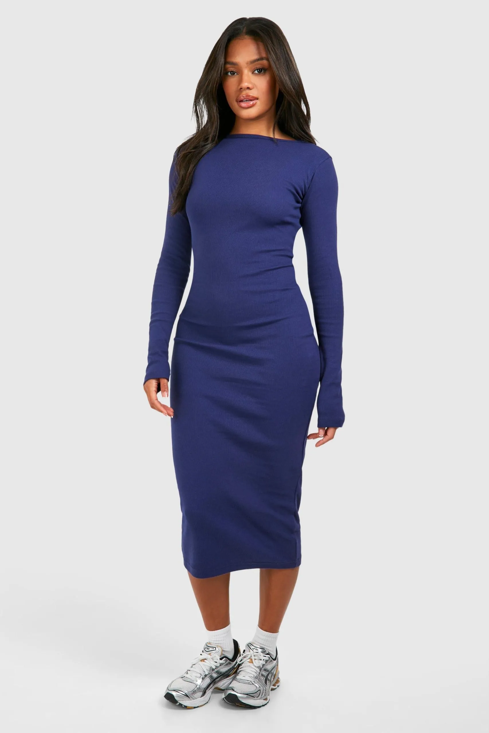 Slash Neck Long Sleeve Rib Midi Dress