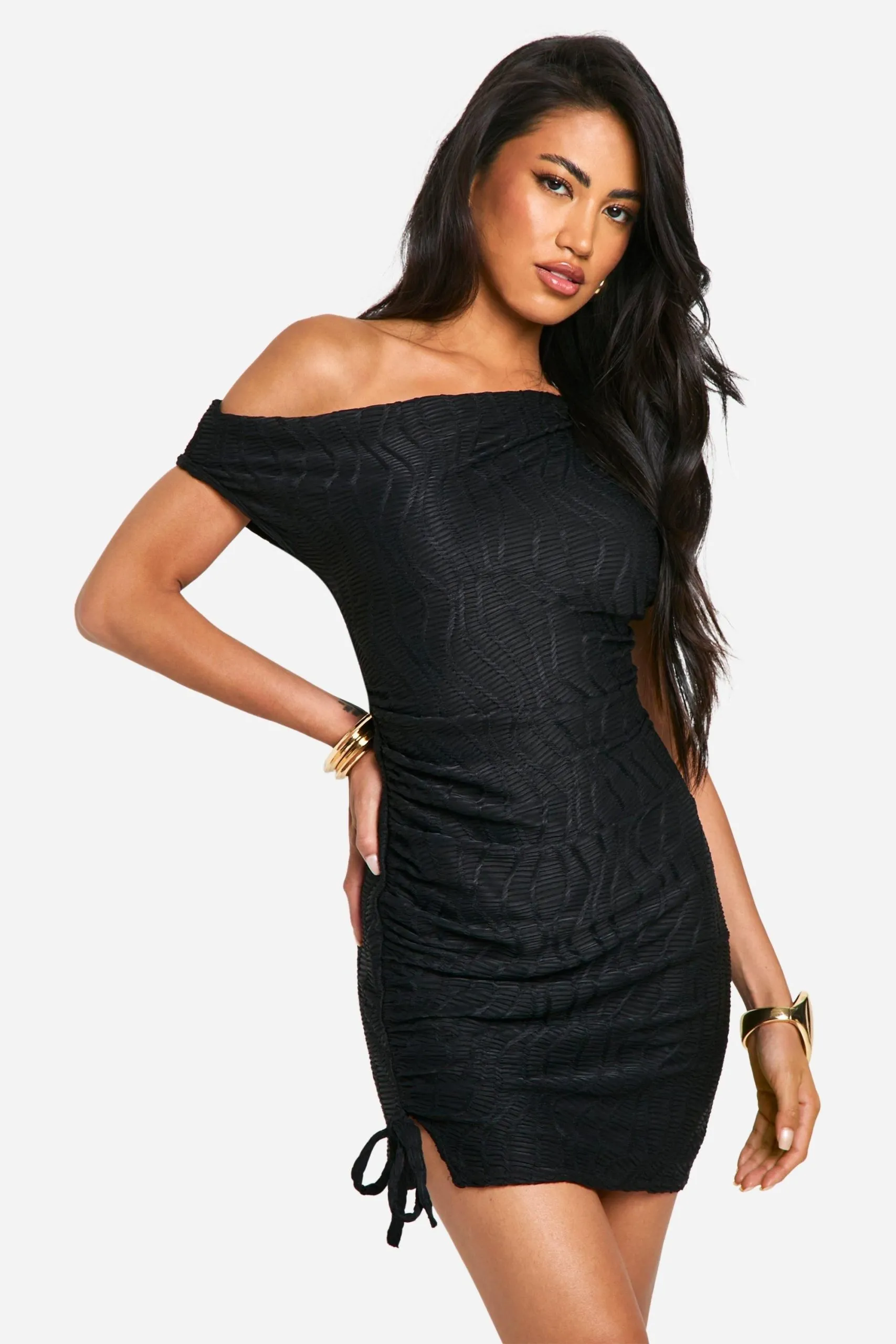 Slash Neck Textured Rib Mini Dress