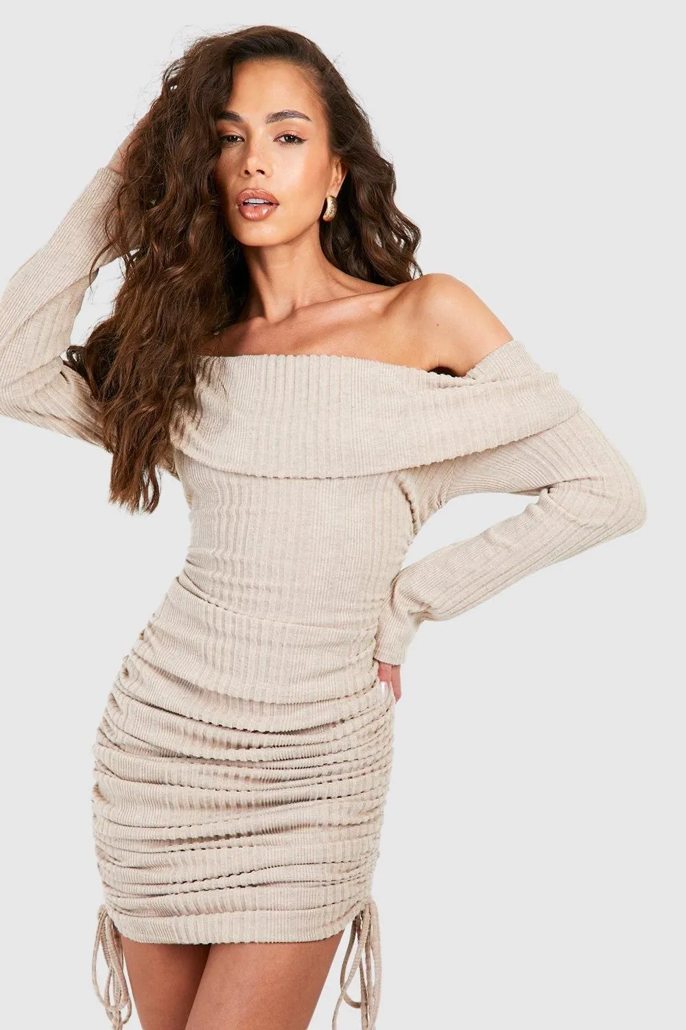 Textured Rib Ruched Drawstring Midi Dress