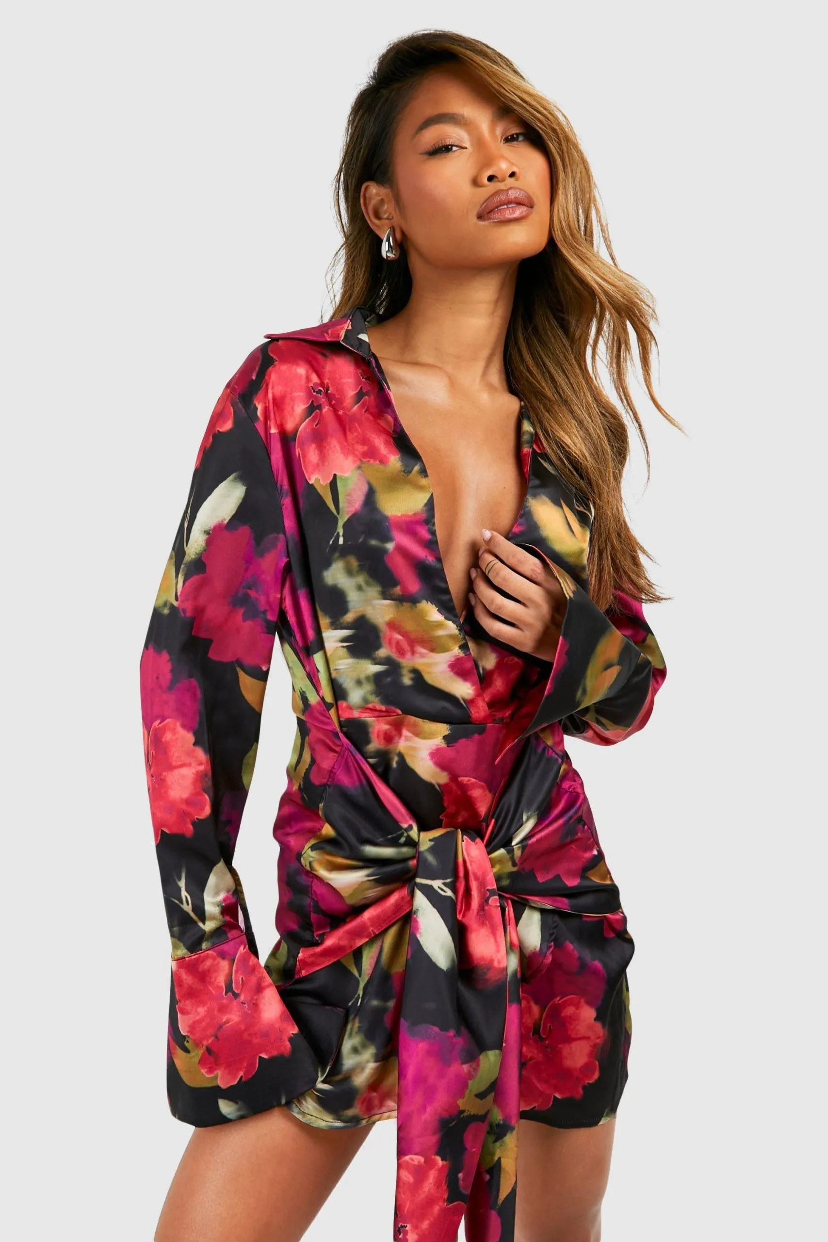Tie Front Floral Shirt Dress