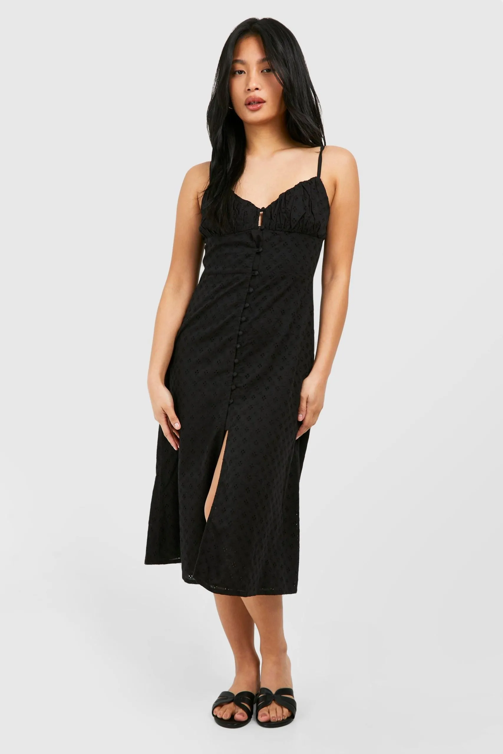 Petite Broderie Button Detail Midi Dress