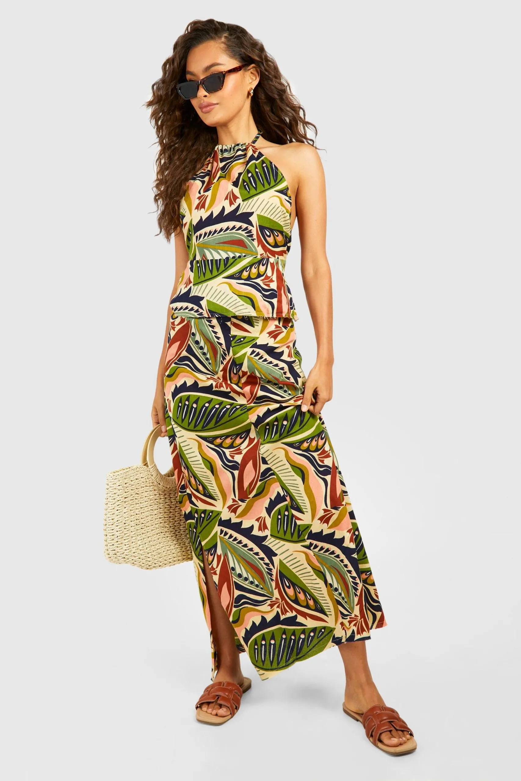 Bohemian Print Linen Look Longline Top & Maxi Skirt