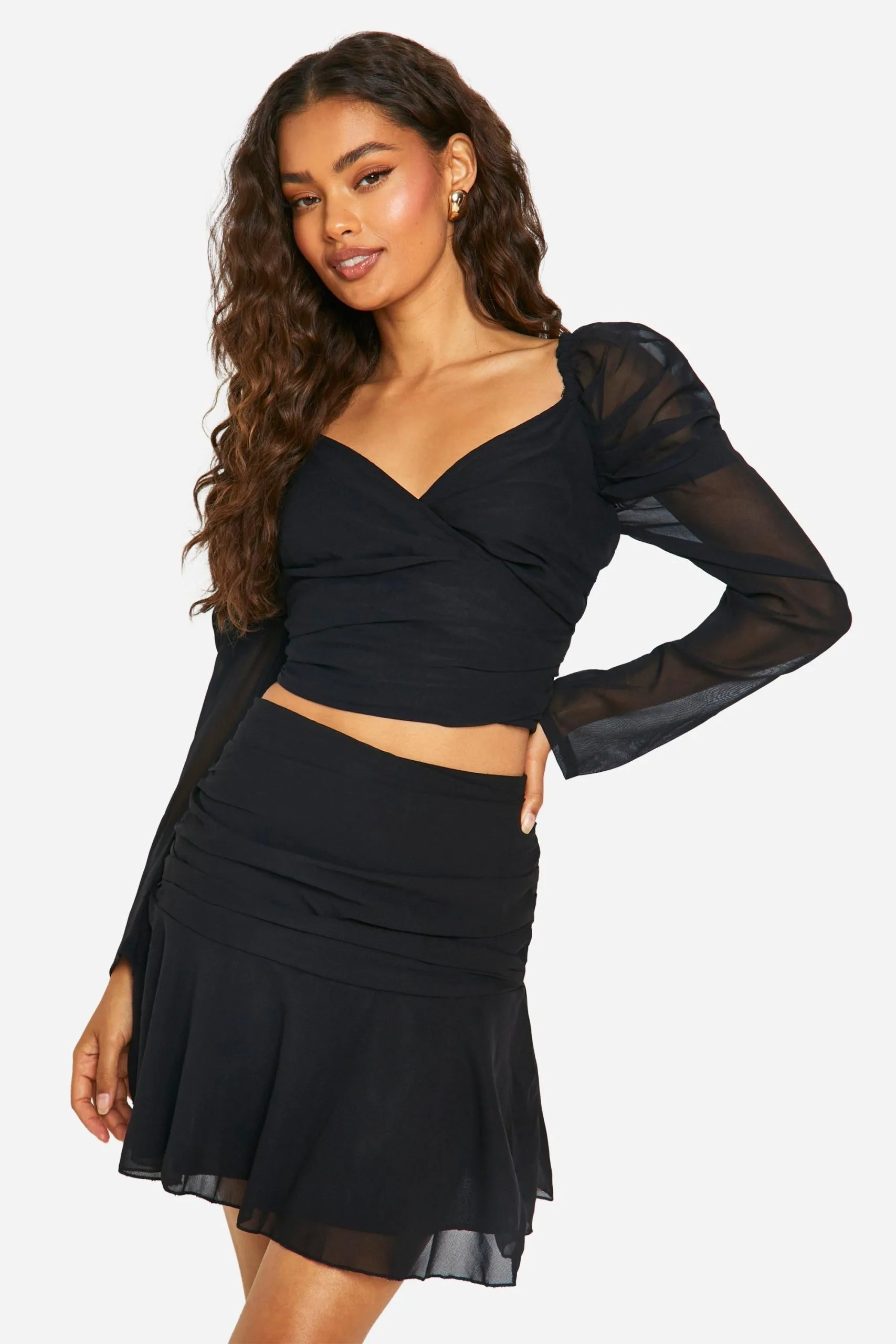 Chiffon Ruched Side Drop Hem Mini