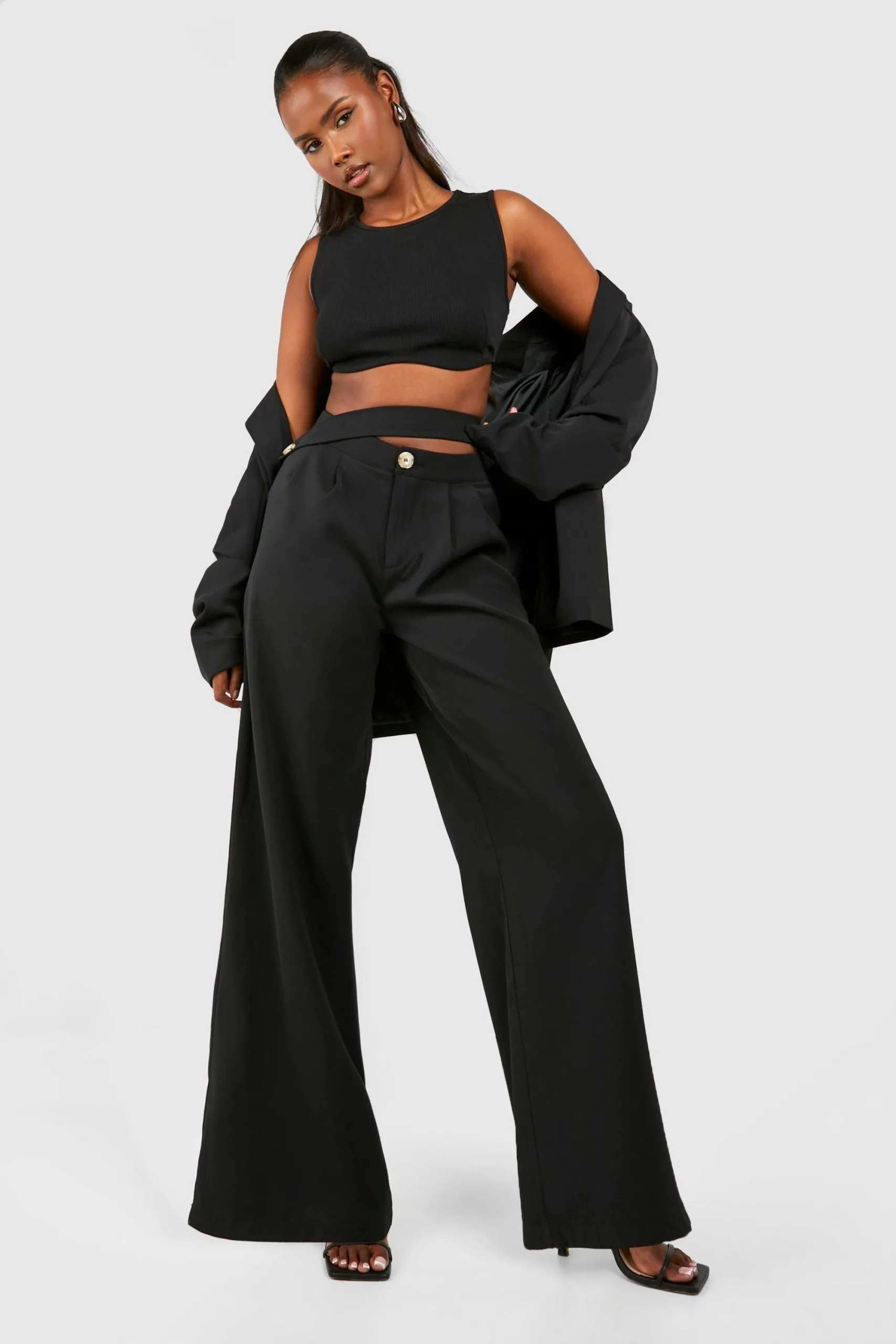 Tab Front Pleat Detail Wide Leg Trousers