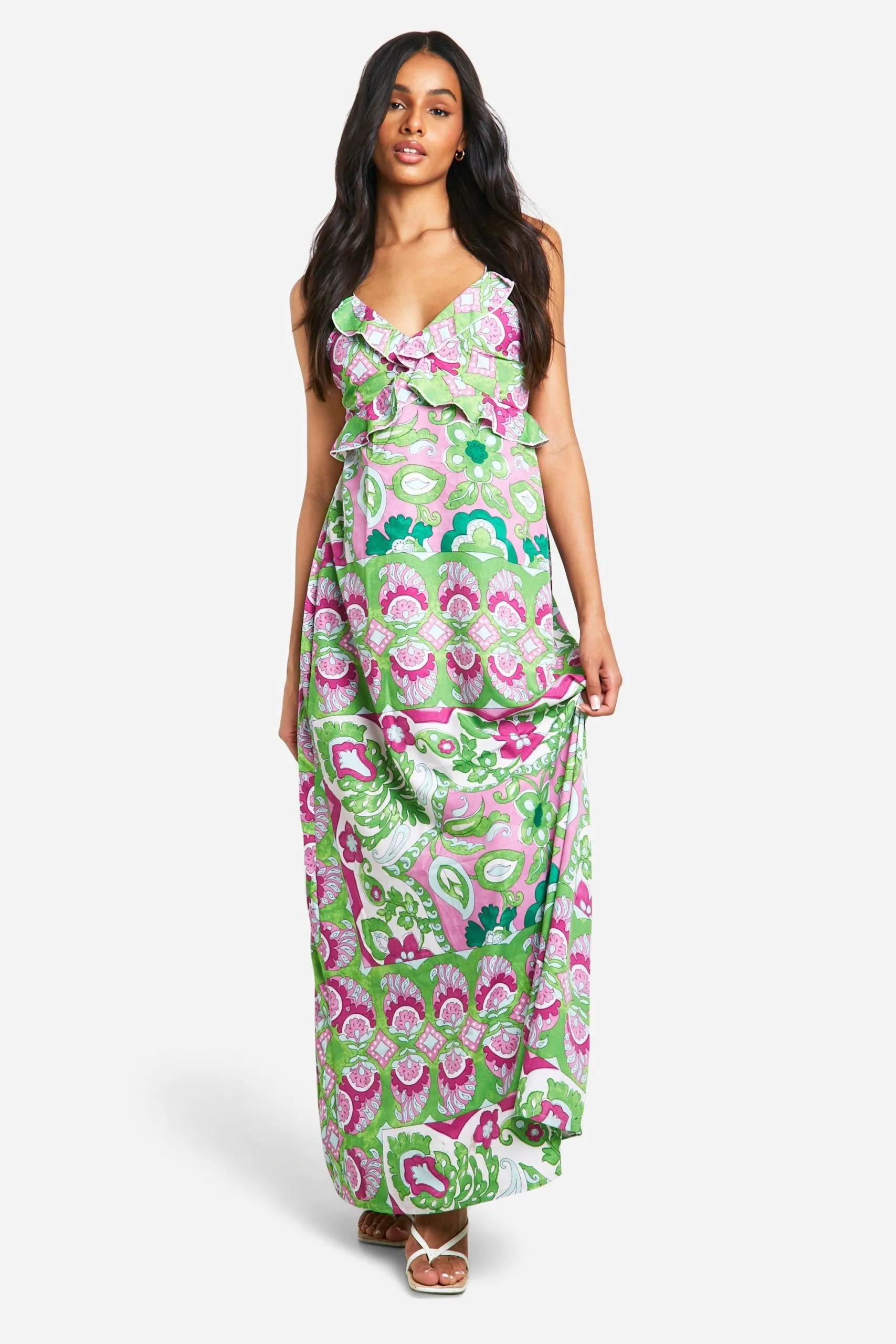 Tall Abstract Strappy Ruffle Detail Maxi Dress