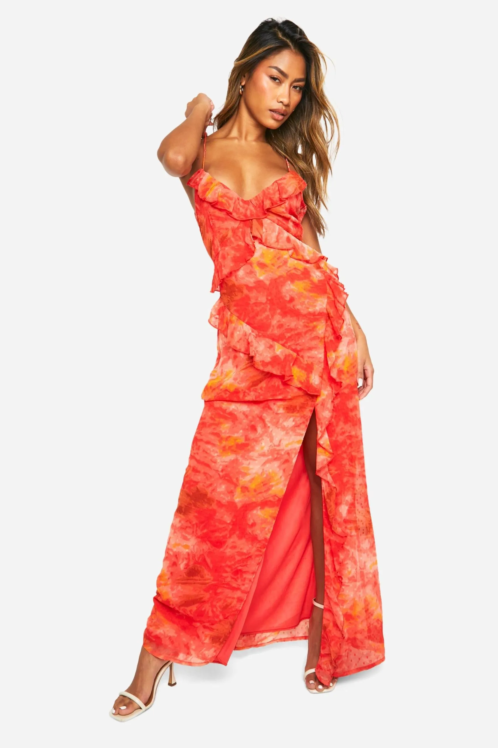Printed Chiffon Ruffle Maxi Dress