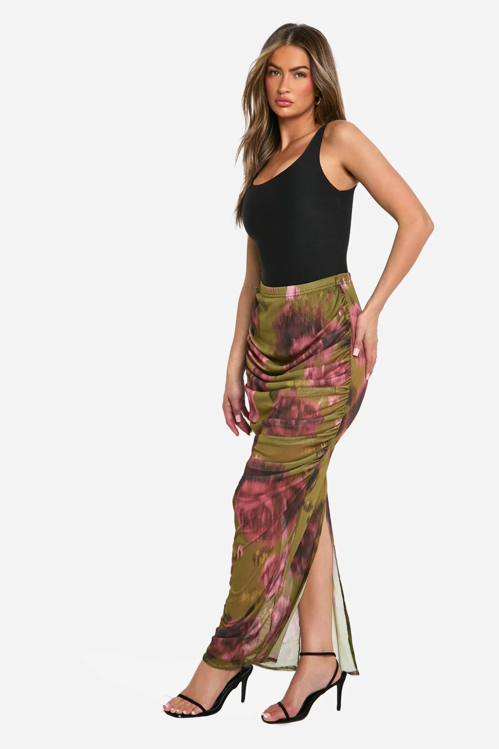Floral Mesh Ruched Maxi Skirt