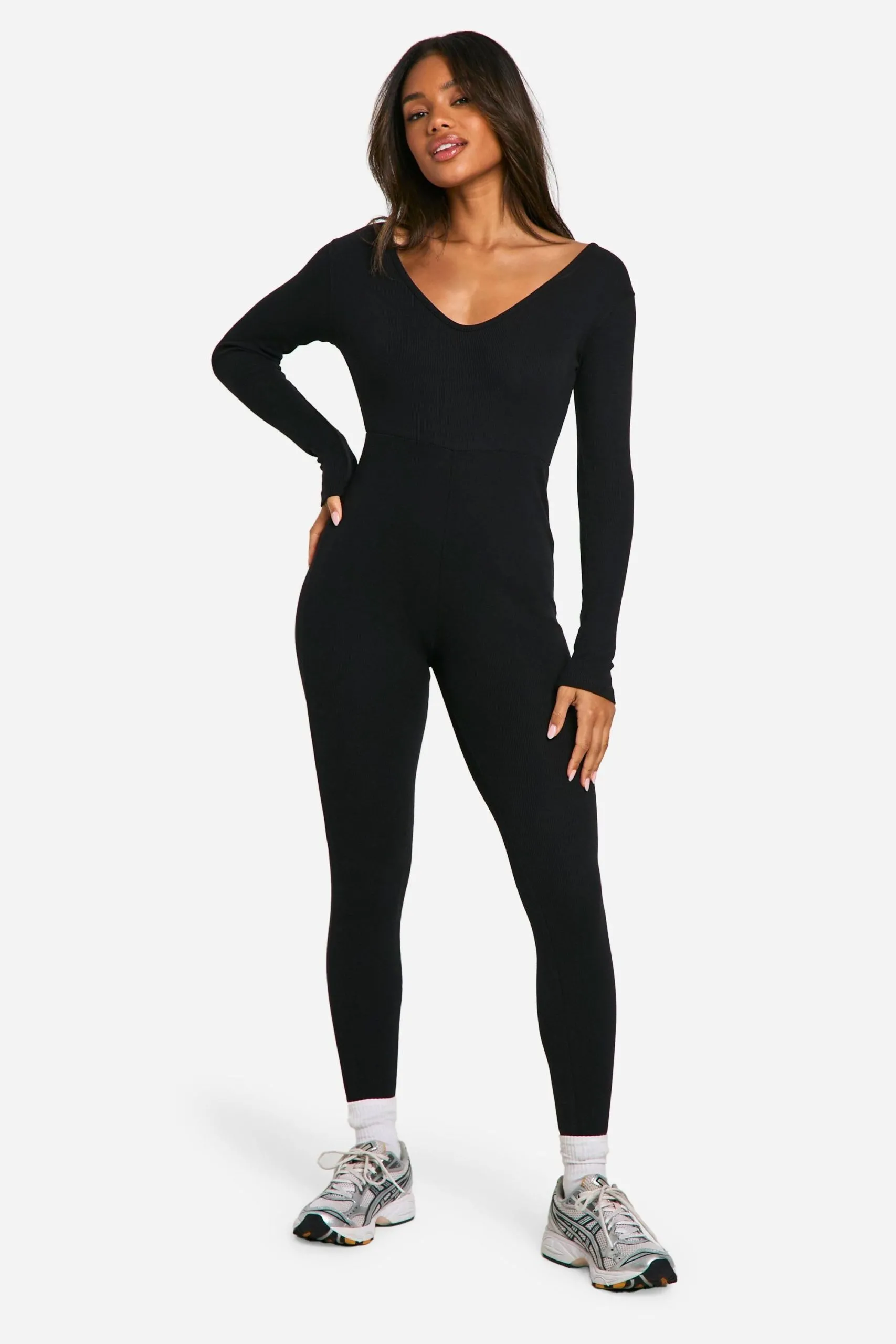 Basic Rib Plunge Unitard Jumpsuit