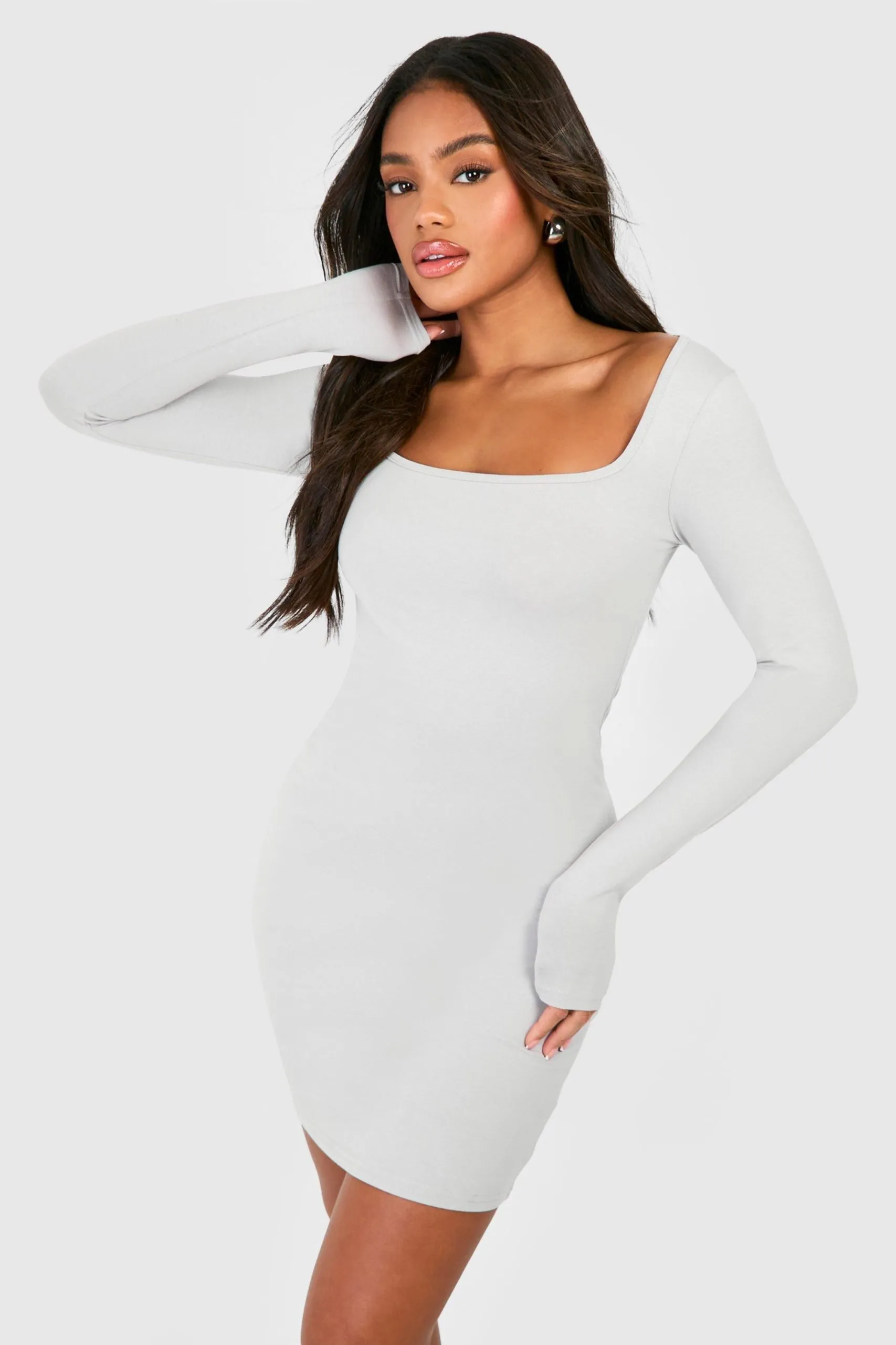 Square Neck Modal Long Sleeve Bodycon Dress