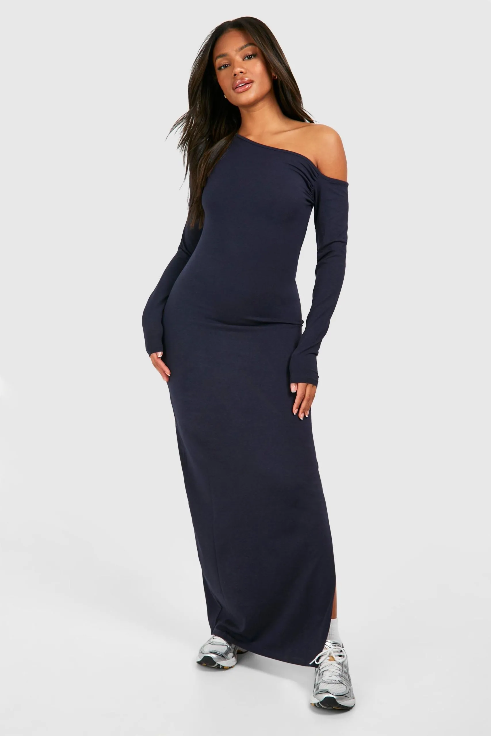 Ruched Bardot Long Sleeve Modal Maxi Dress