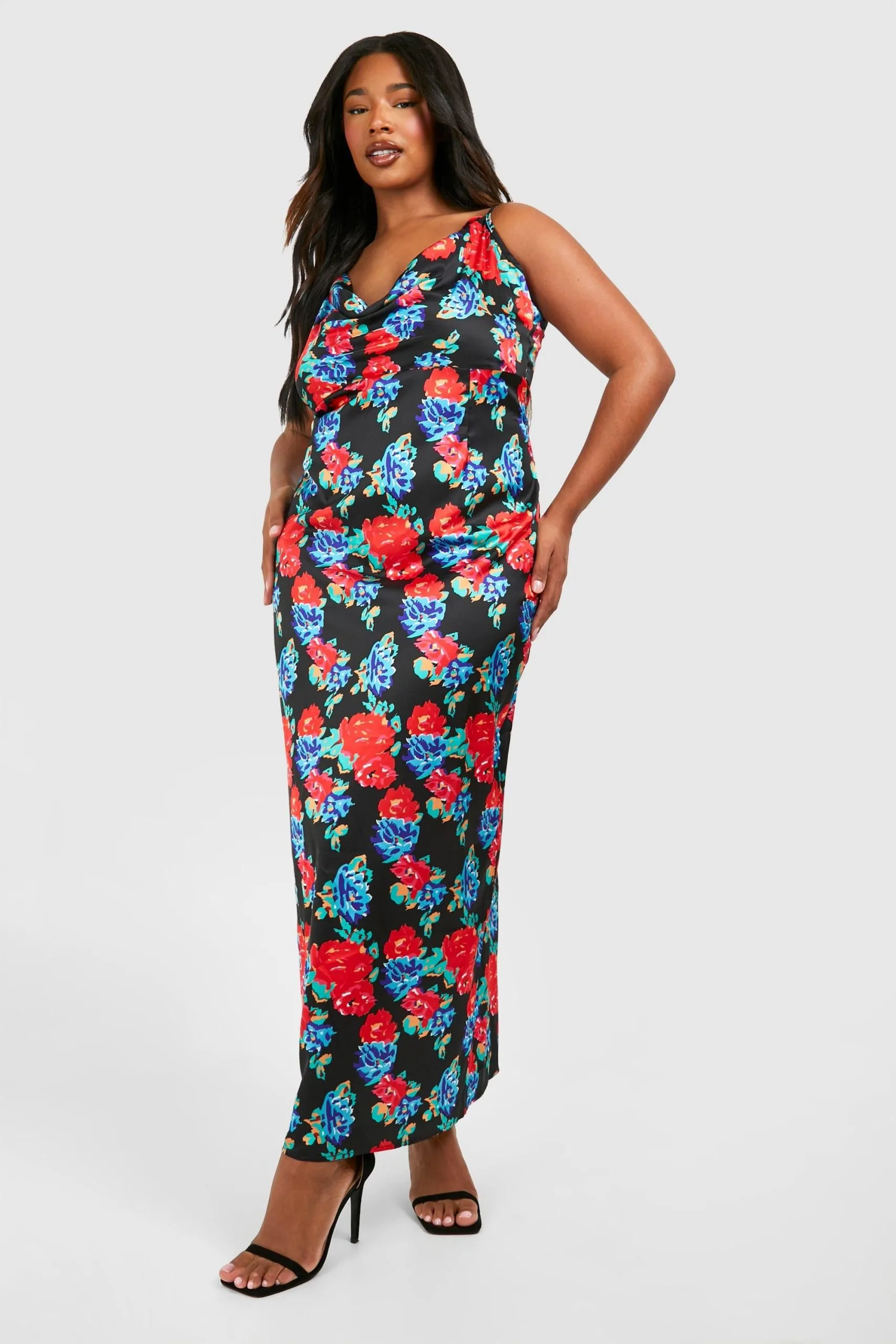 Plus Floral Printed Satin Maxi Dress