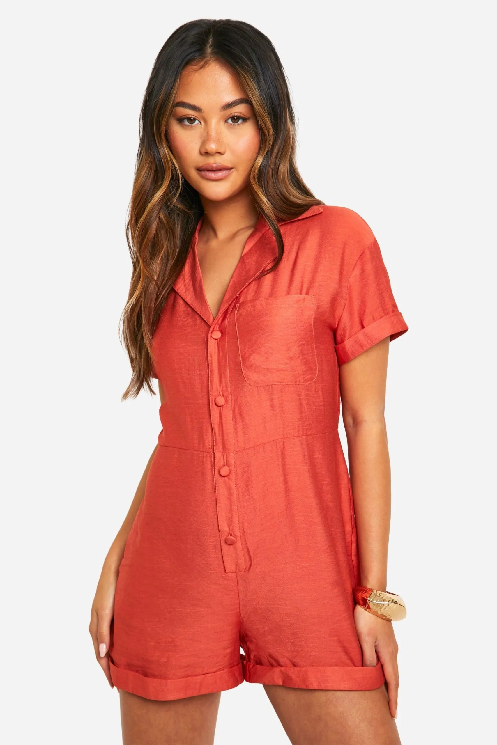 Textured Linen Look Button Through Playsuit