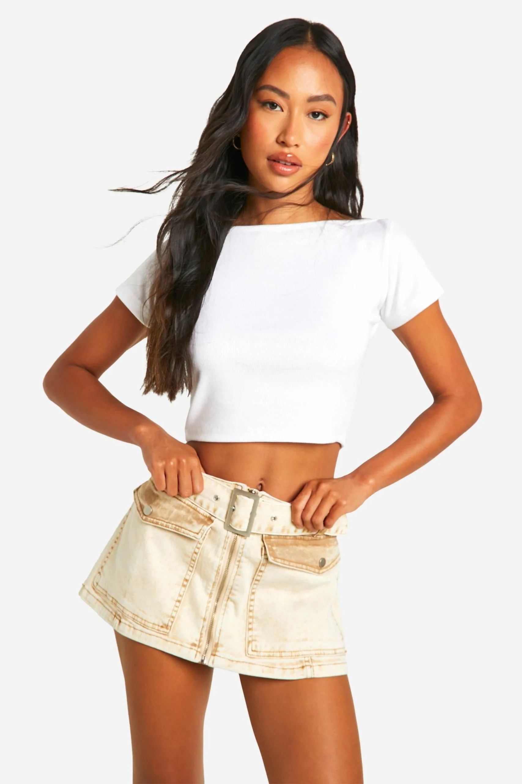 Belted Zip Through Patch Pocket Denim Micro Mini Skirt