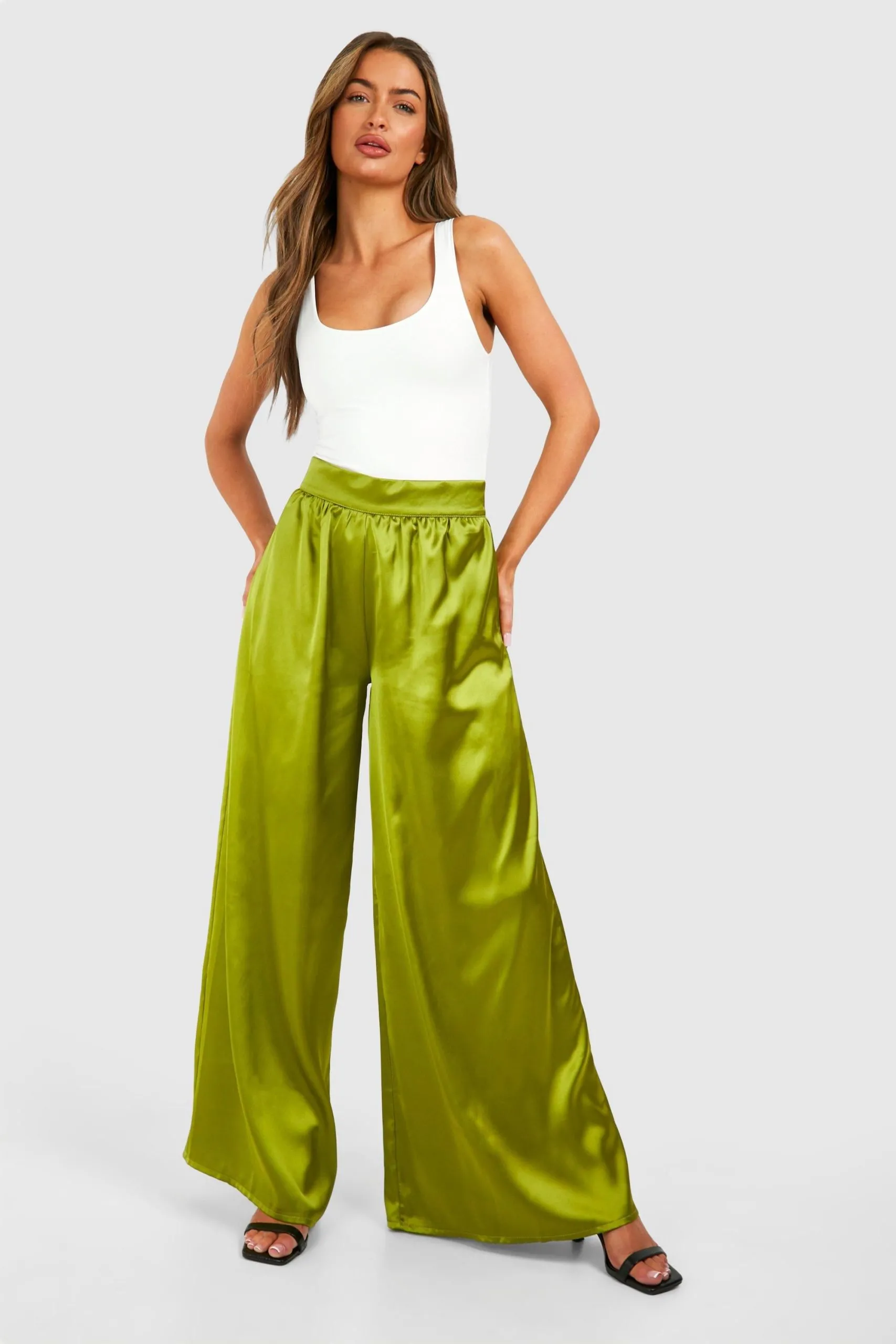 Thick Waistband Satin Floaty Wide Leg Trouser