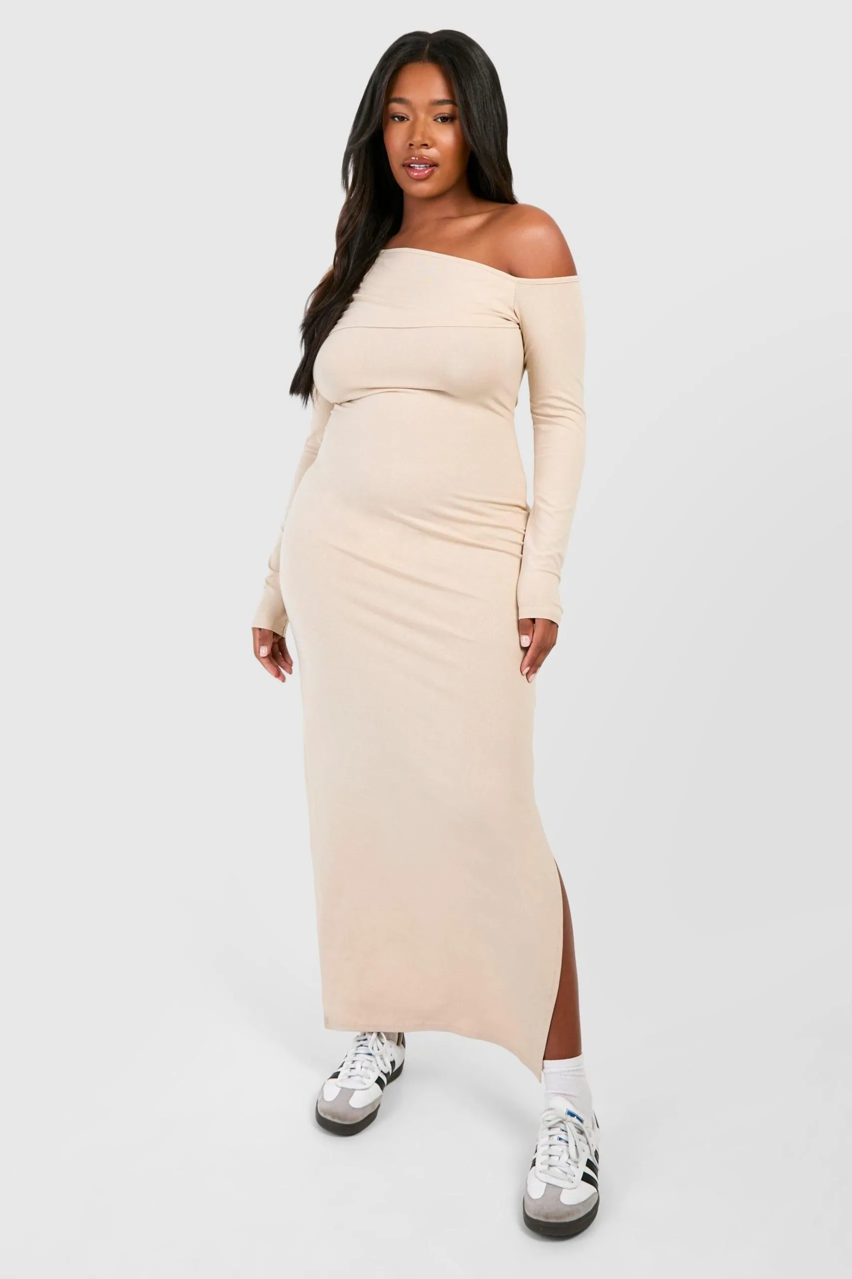 Plus Ruched Bardot Long Sleeve Maxi Dress