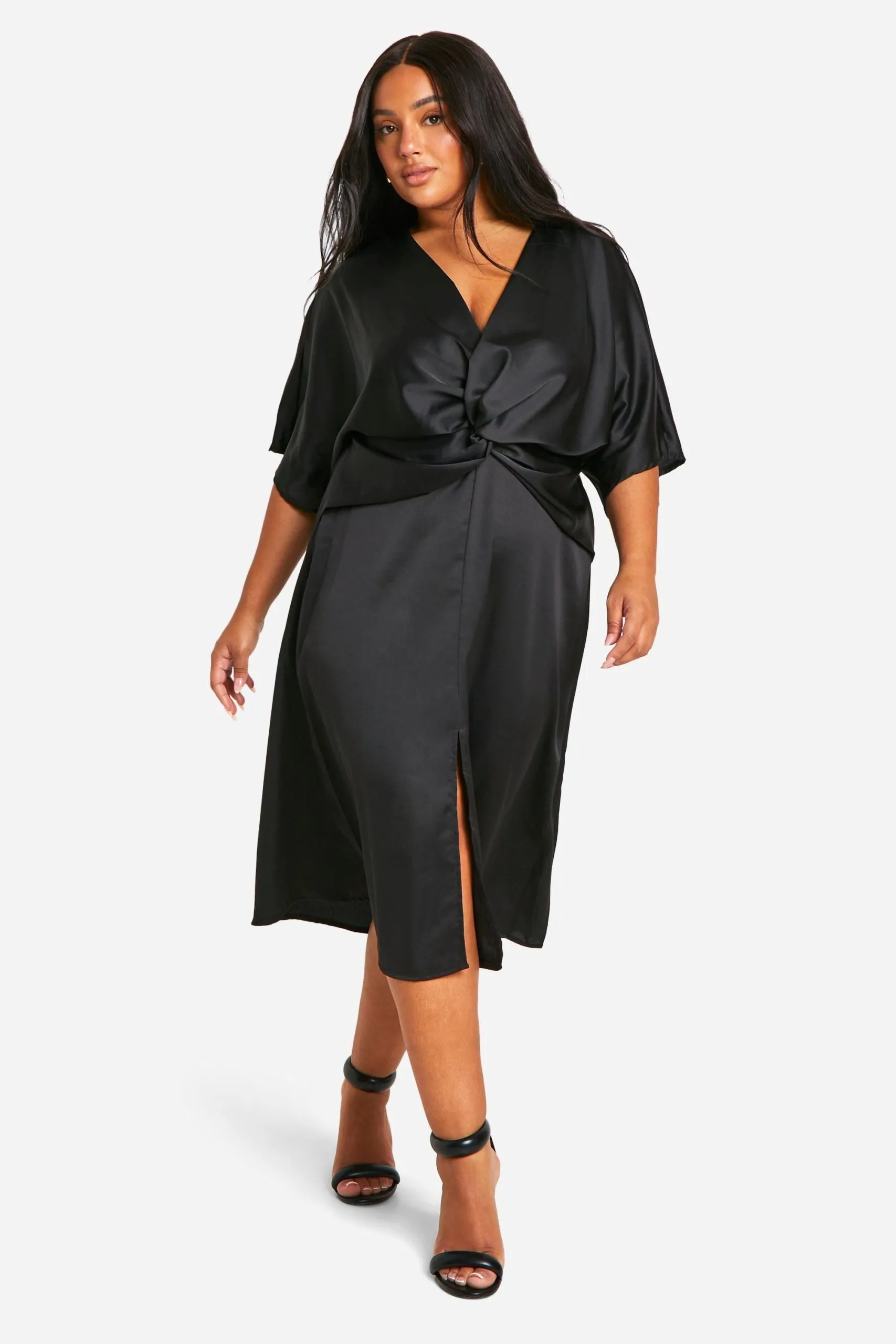 Plus Satin Twist Front Angel Sleeve Midi Dress