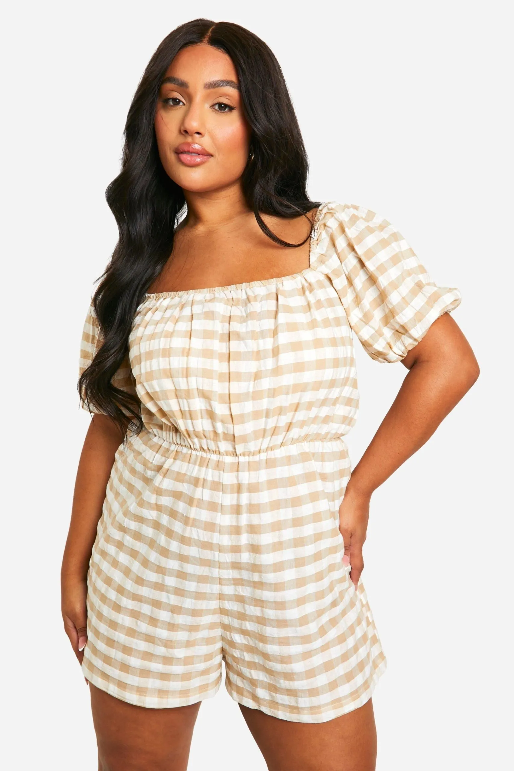 Plus Gingham Puff Sleeve Playsuit