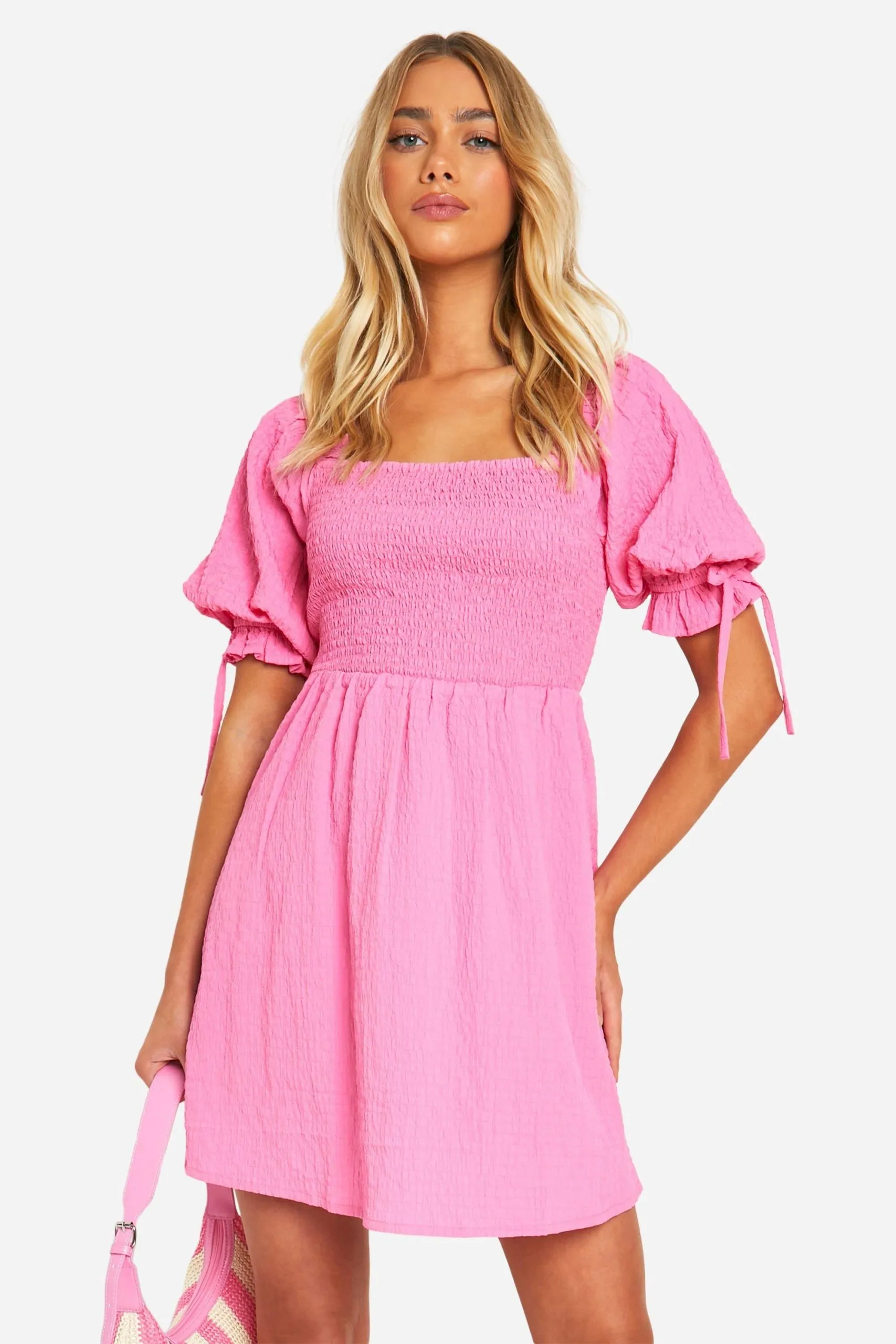 Textured Puff Sleeve Smock Dress