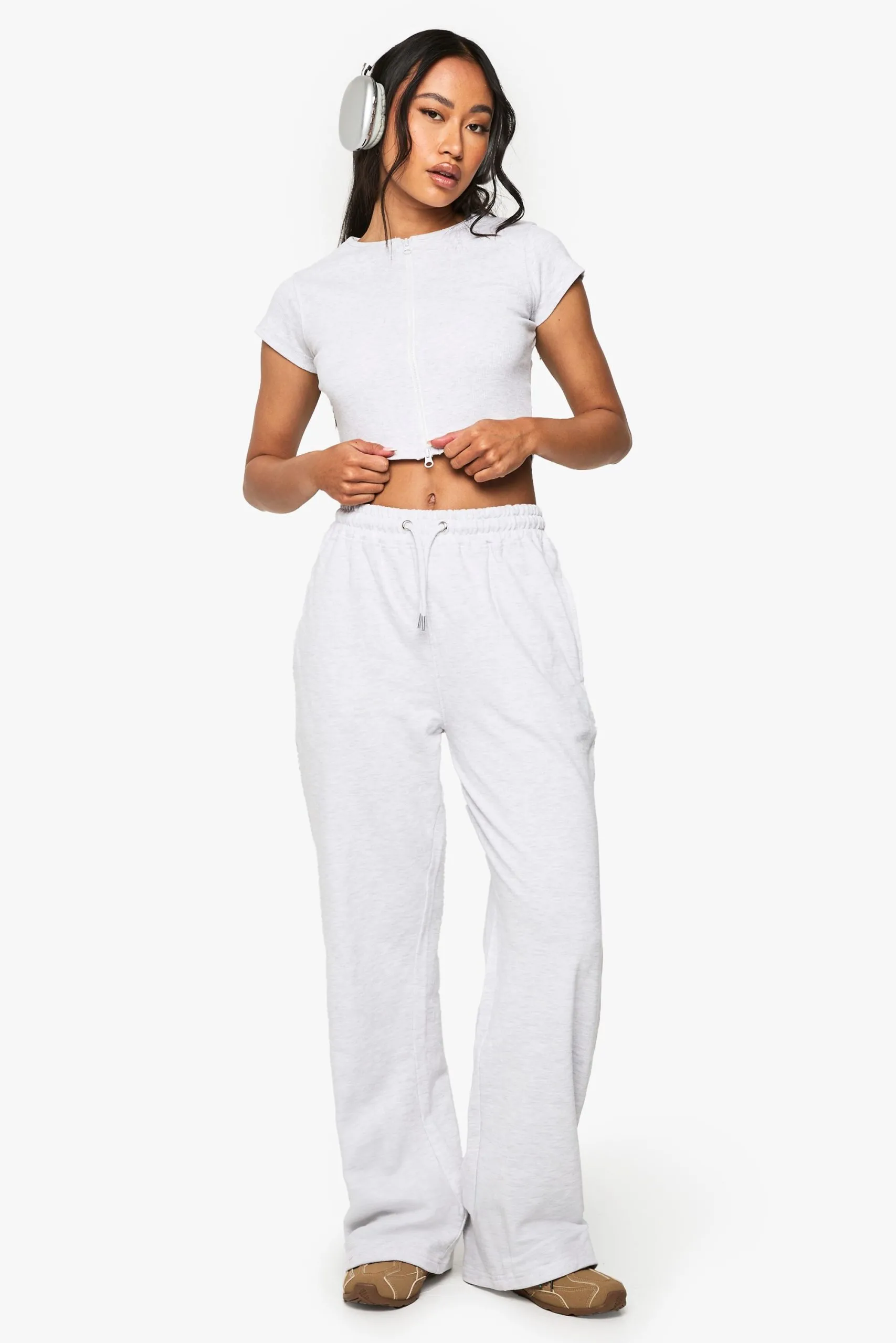 Short Sleeve Rib Zip Top And Straight Leg Jogger Set